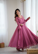 Woman Raspberry Rose Pure Georgette Handwork Anarkali